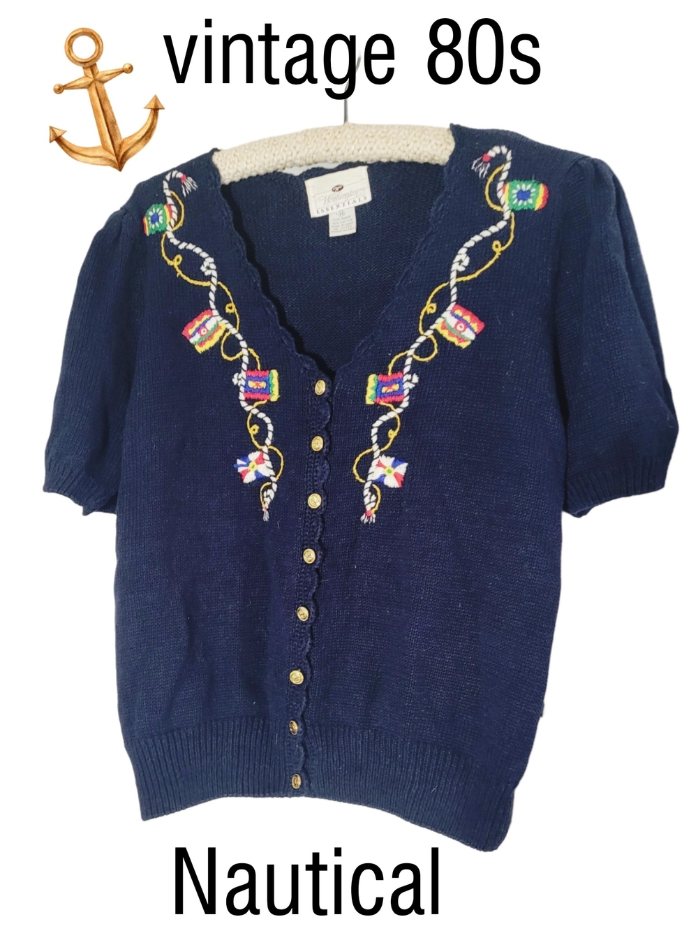 Vintage 1980s Navy Nautical Embroidered Anchor Button  Cardigan Size Medium